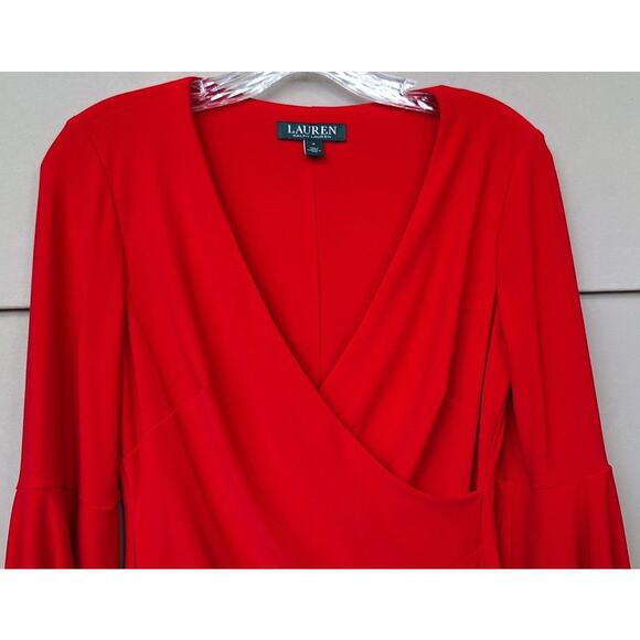 Lauren Ralph Lauren Bell Sleeve Faux Wrap Red Dress Surplice V Neckline Size 4 - Picture 7 of 12